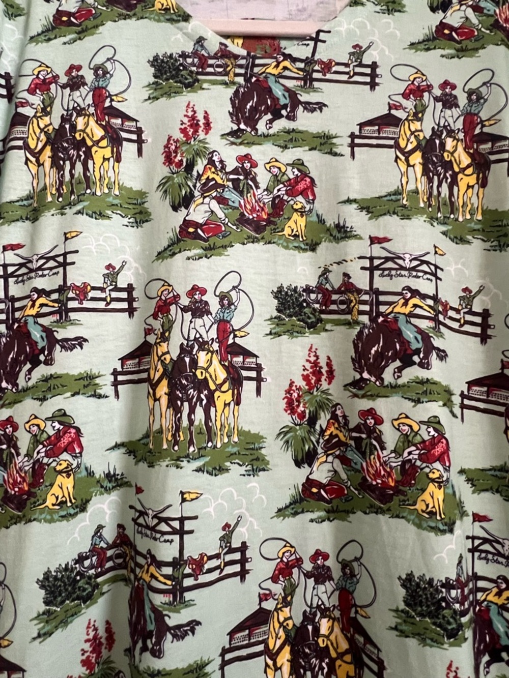 Double D Ranch Cowgirl Cowboy Print Ruffle Hem Dress Size Medium - Picture 2 of 5